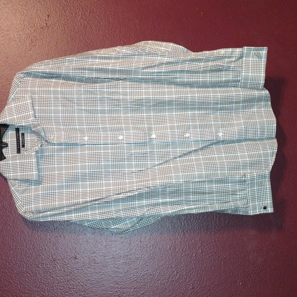 Men's Sean John button down brown, grey and beige shirt with fancy cuff links
